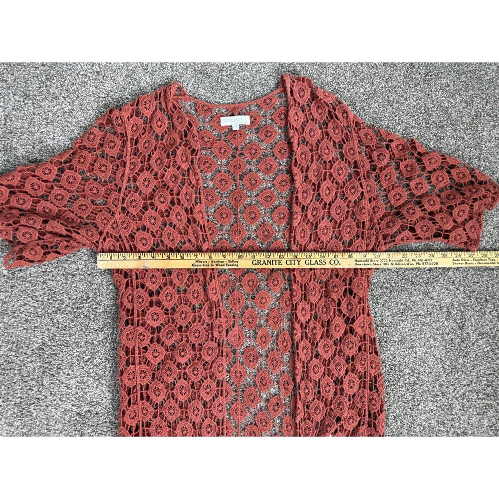 Boho Crochet Fringe Cardigan Rust Open Knit Festival Kimono Duster S - Picture 4 of 8
